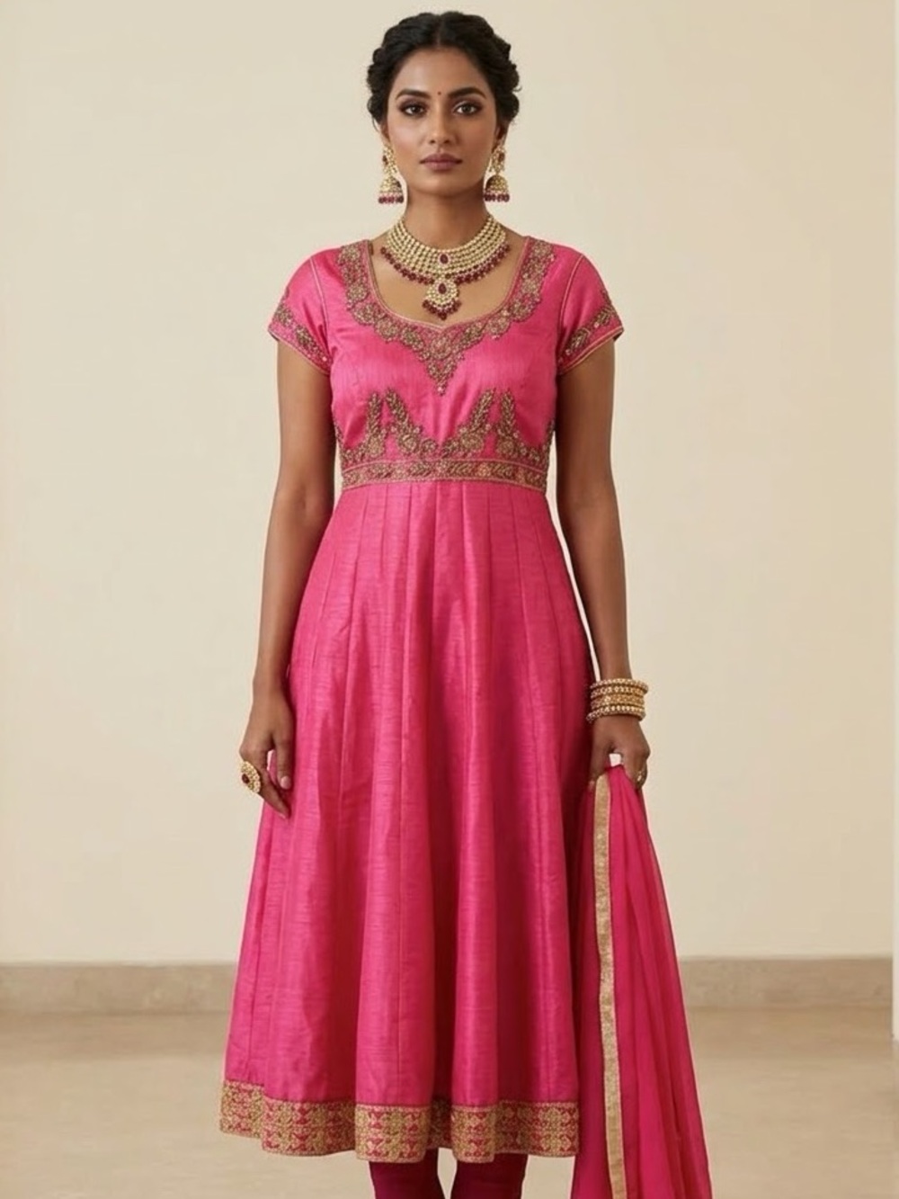 Hot Pink & Gold Beaded Salwar Set Size Small